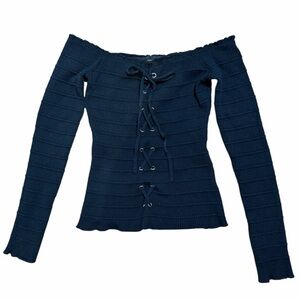 Ambiance Off-Shoulder Lace-Up Ribbed Sweater Top | Y2K Coquette Balletcore Sz M